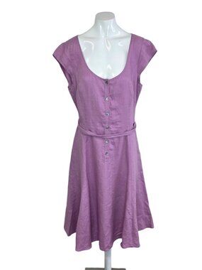 Laura Ashley 100% Linen V-Neck Button Front Dress, Tie Waist, Purple, Size 12